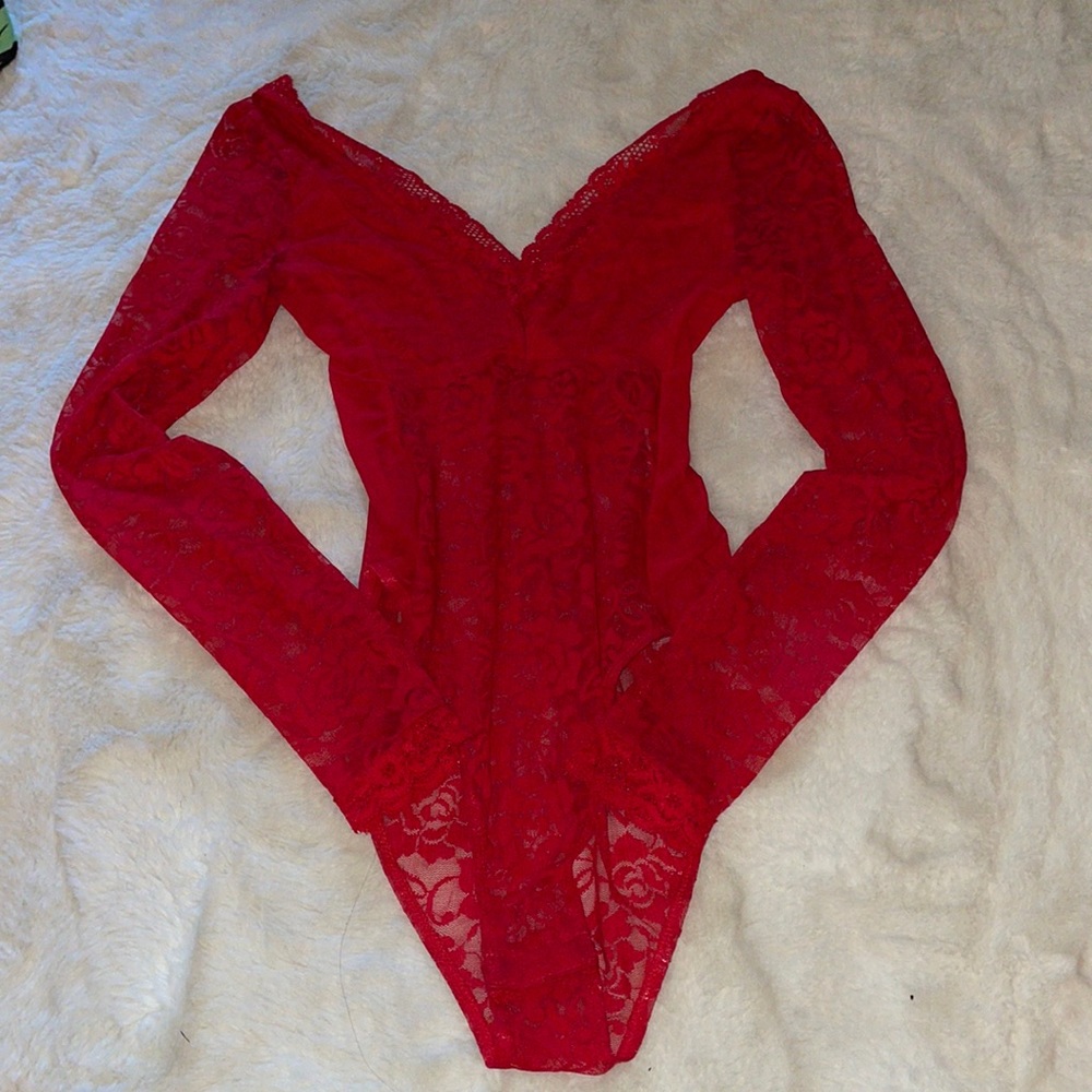 Red lace long sleeve bodysuit